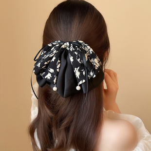 国风牵牛花印花立体蝴蝶结抓夹复古优雅百搭缎面珍珠半扎马尾发夹
