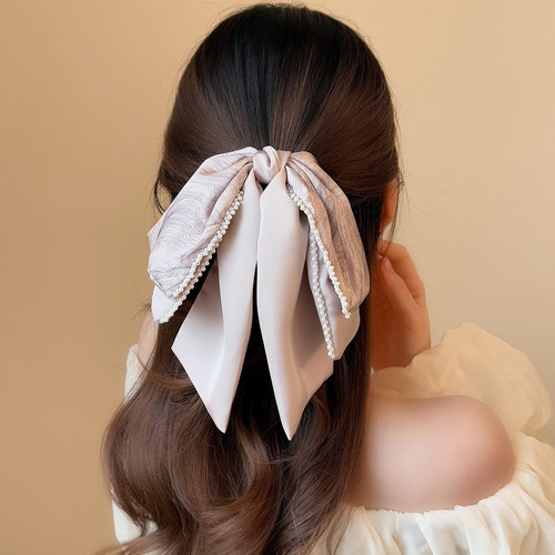 晕染油画风珍珠花边缎面马尾夹