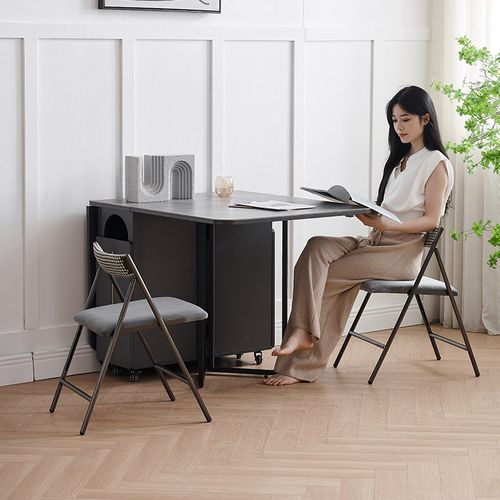 岩板折叠餐桌椅组合多功能可伸缩家用简约吃饭桌子实木轻奢折叠桌