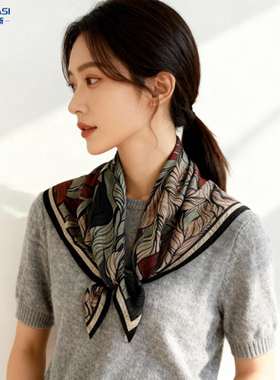 2026双面双色人字纹丝巾女新款高级感花树叶印花围巾小方巾65x65