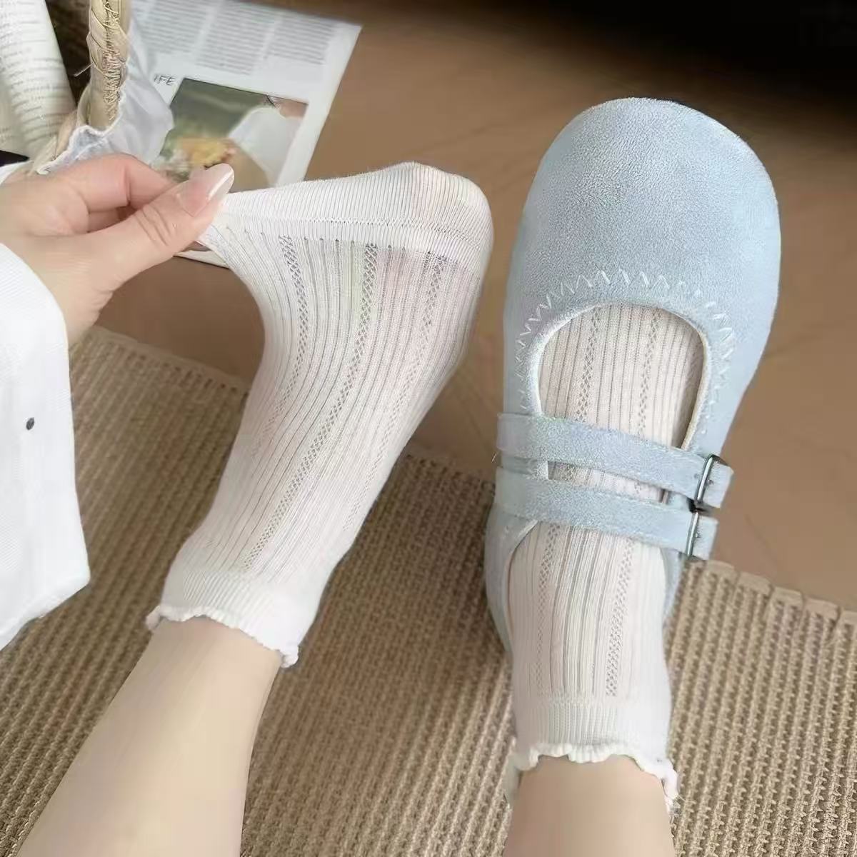 甜美风木耳边花边袜子女短袜夏季薄款透气四季通用女袜白色船袜