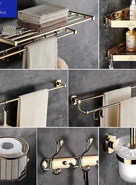 德国唯宝全铜金色折叠浴巾架卫生间免打孔极简浴室毛巾置物架套装