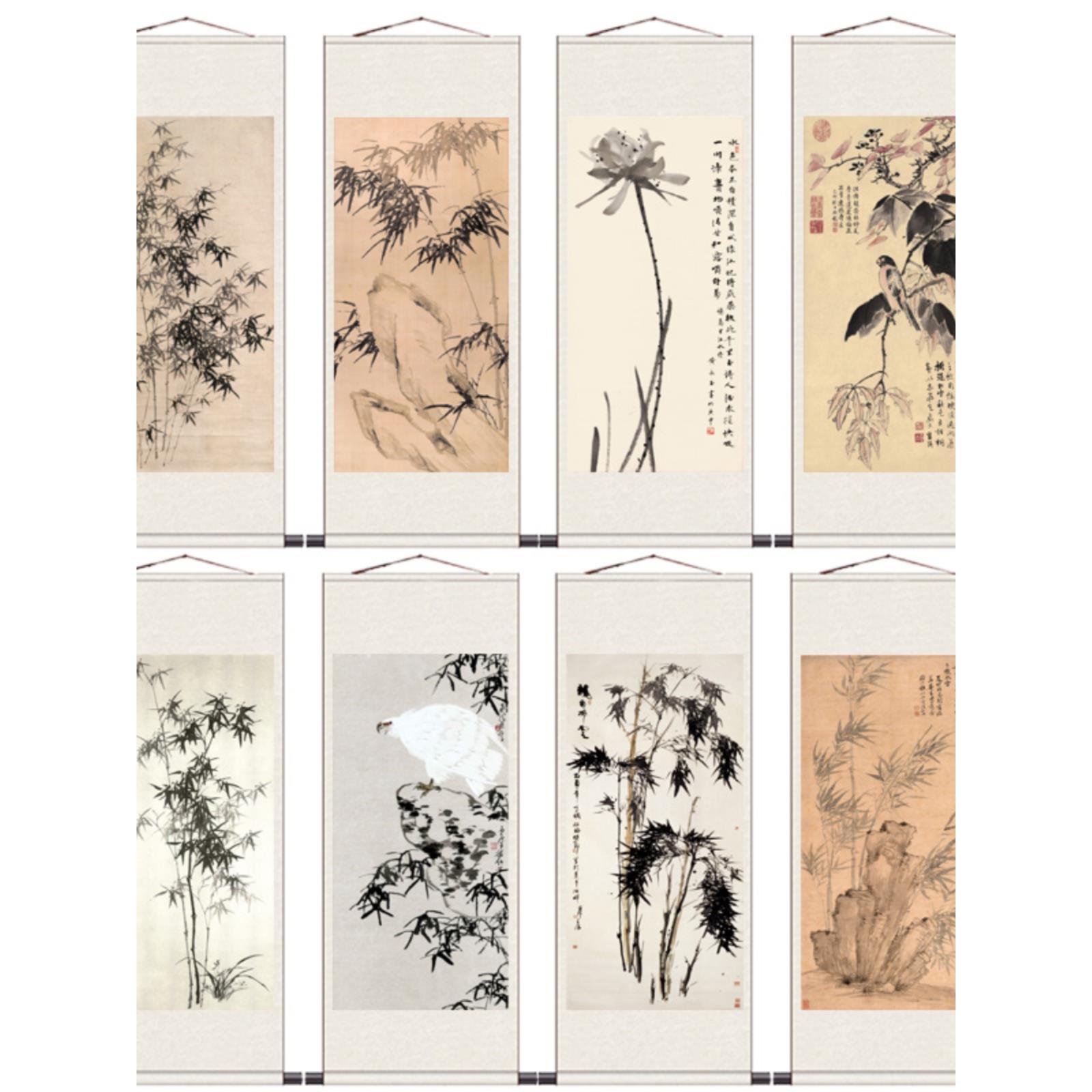 国画竹子翠鸟仿古卷轴画茶楼装饰丝绸画挂画板桥竹字条幅名家字画