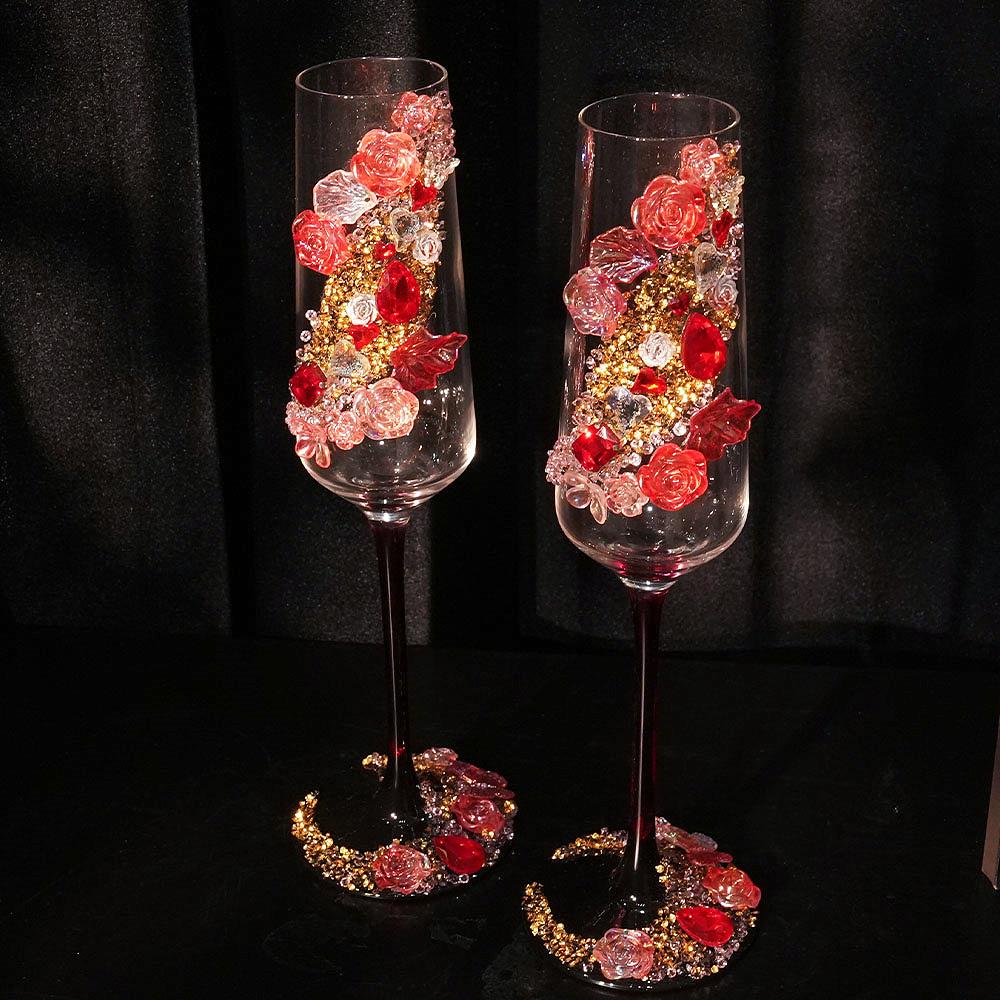 订婚新娘高脚香槟杯花艺装饰新人结婚敬酒杯敬茶杯仪式感仿真花