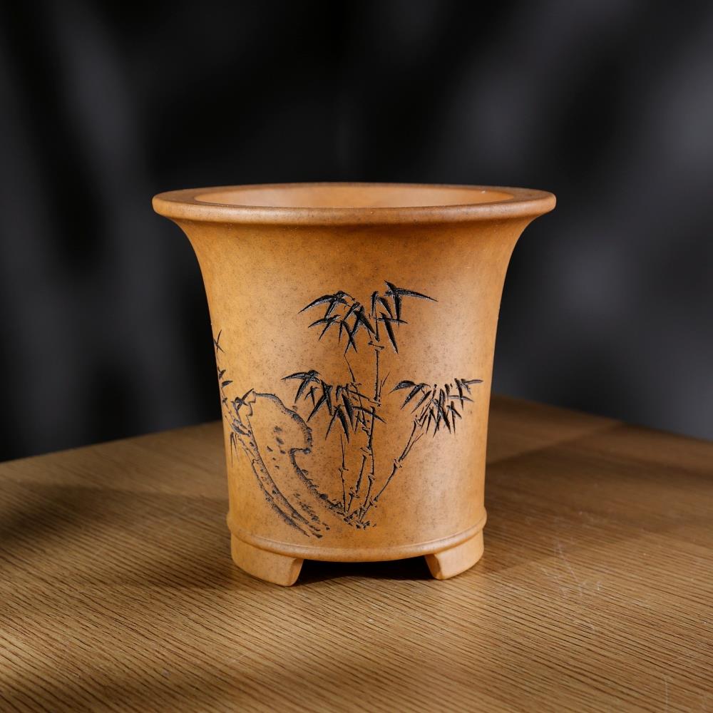 超透气新款名家秦夕洪精品段泥柴烧刻绘金钱大底孔高圆飘口兰花盆