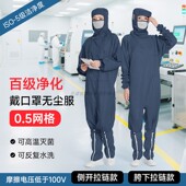 百级连帽带口罩无尘服斜裆部拉链藏青色5MM网格连体防静电防尘服