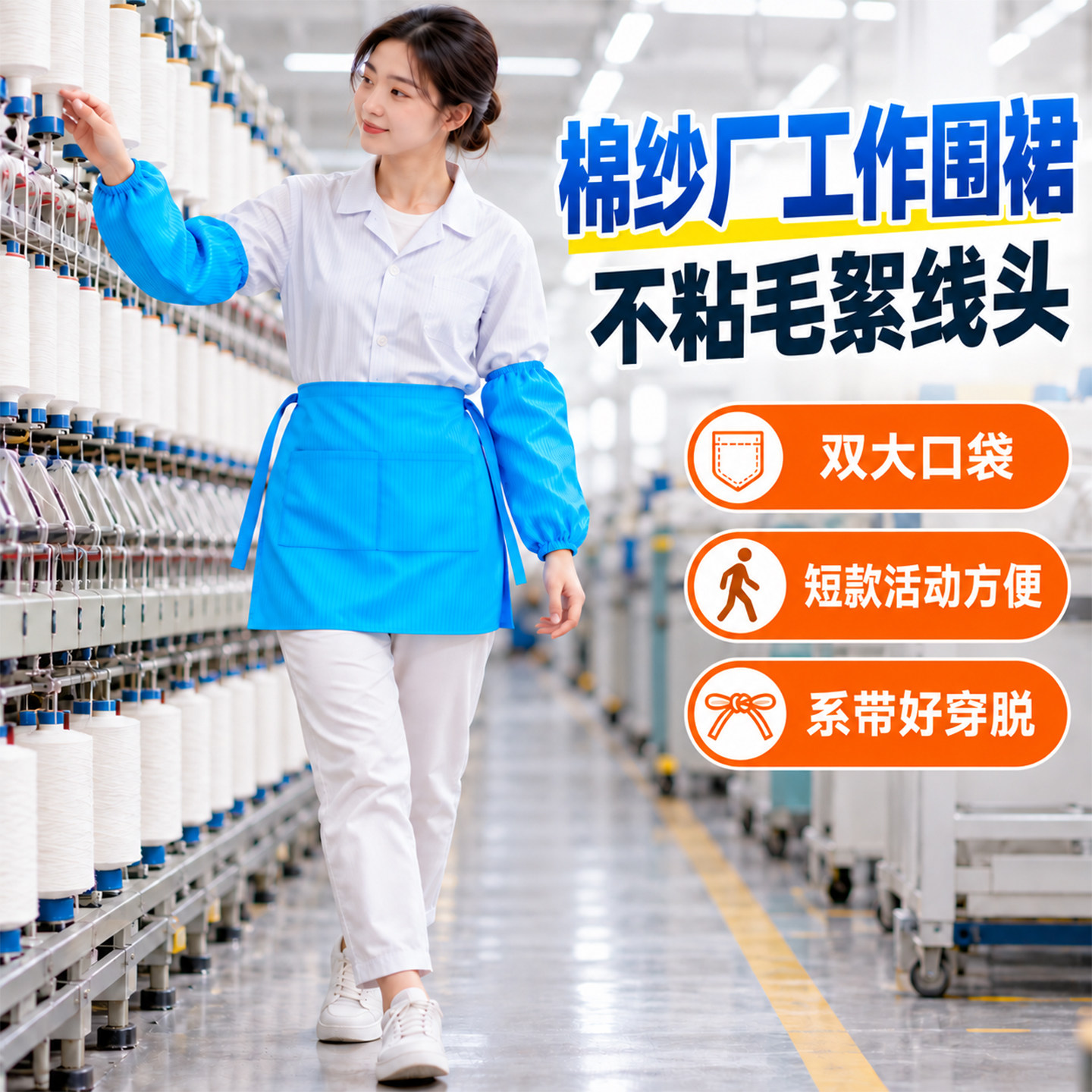 棉纺工厂女工短款半身围裙不粘毛防尘2个大口袋纱厂车间工作围腰