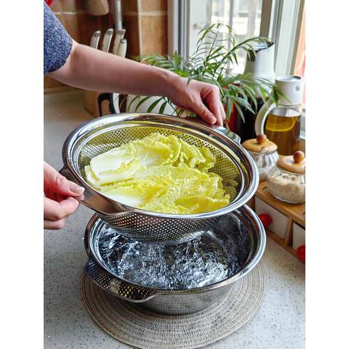 中式两件套 304不锈钢沥水篮套装滤水洗菜盆洗米淘米盆水果篮家用