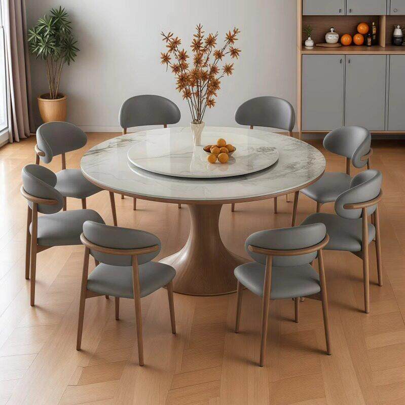高端实木餐桌椅组合家用小户型饭厅岩板圆形餐桌带转盘吃饭桌子