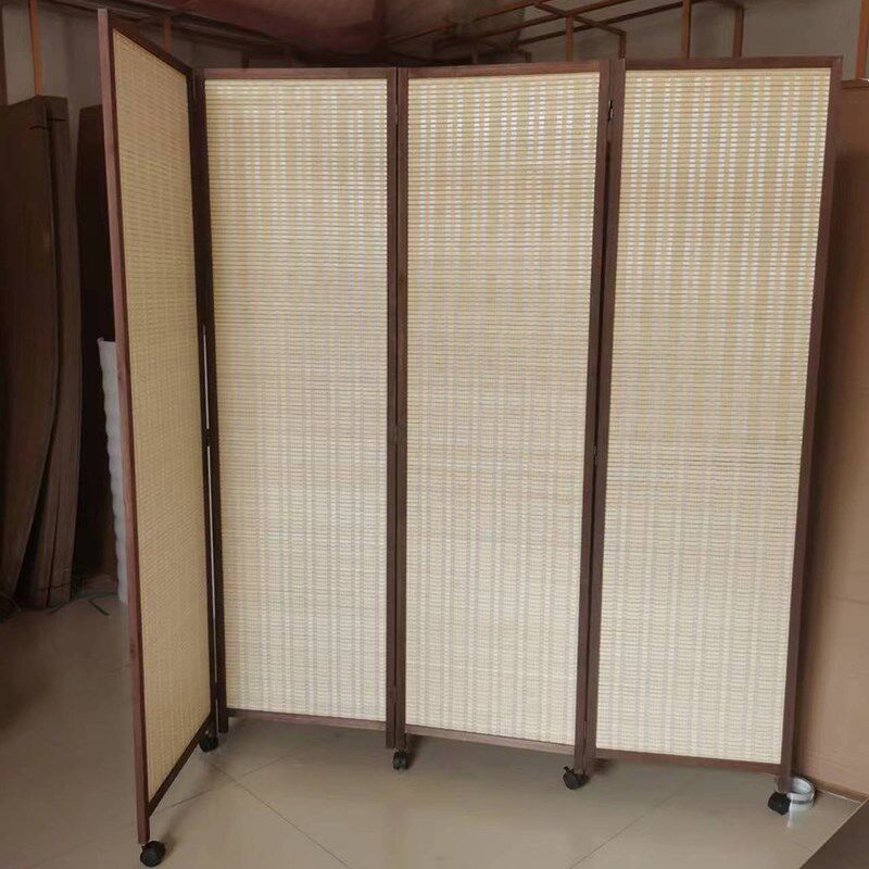 屏风隔断竹编简易卧室客厅移动折叠遮挡实木间隔滑轮推拉可收纳