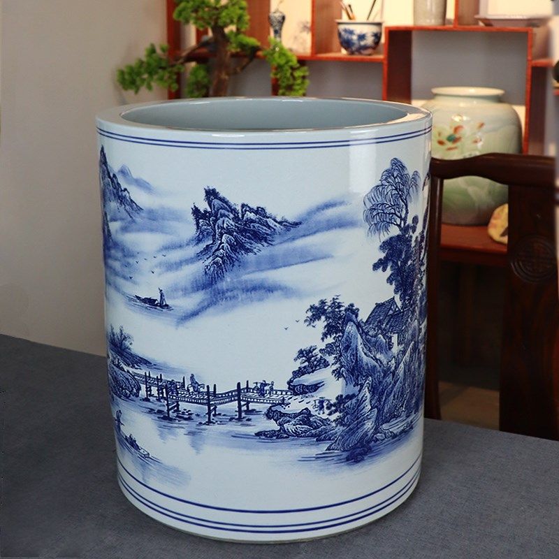景德镇陶瓷器青花瓷山水箭筒书画筒书房收纳客厅中式种树种花花盆