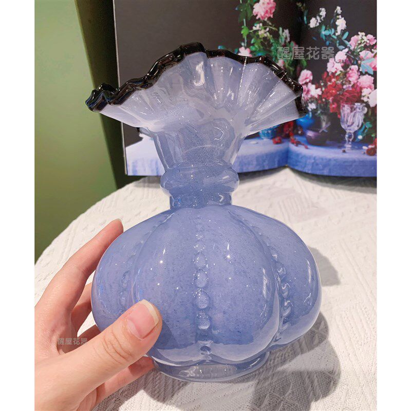 中古紫色芬顿风手工玻璃花瓶法式复古风插花器玫瑰瓶轻奢家居摆件