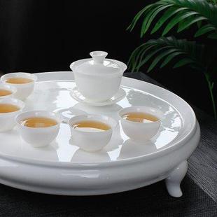 纯白单层排水式 高骨瓷功夫茶具套装 茶盘茶海茶台整套家用盖碗茶杯