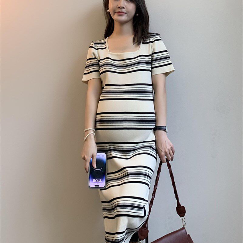 WAWA孕妇连衣裙条纹冰丝针织弹力孕妇装夏季新款慵懒辣妈中长款裙