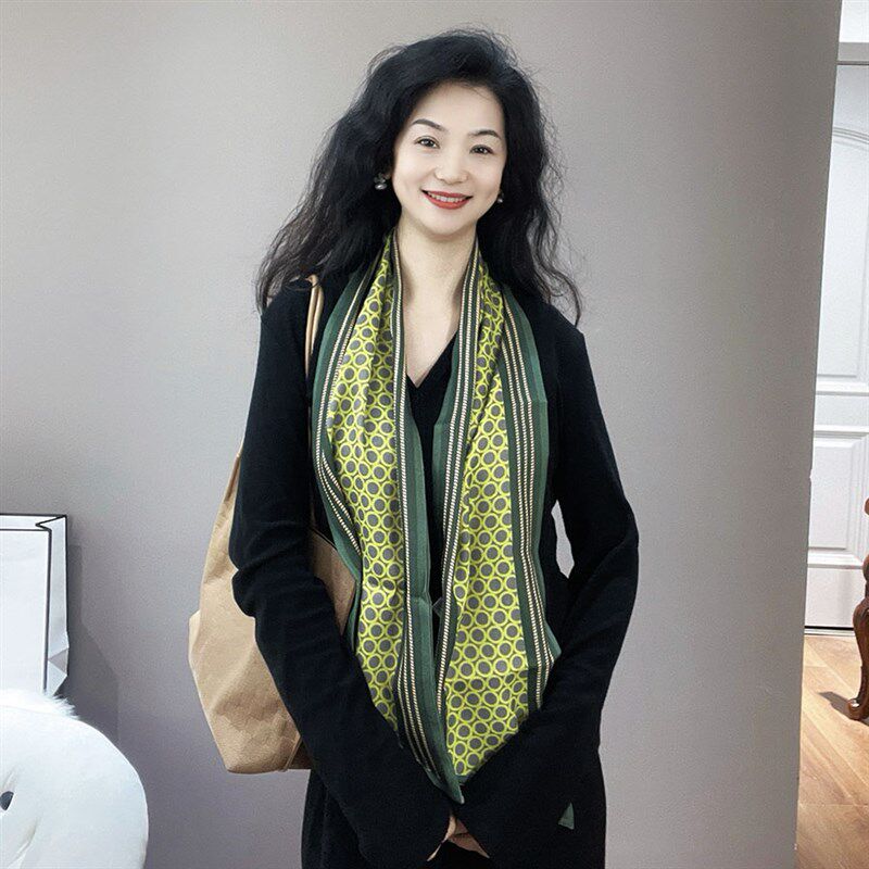与众不同!绿色斜纹棉麻围巾女春秋薄款飘带细窄长条丝巾领巾围脖