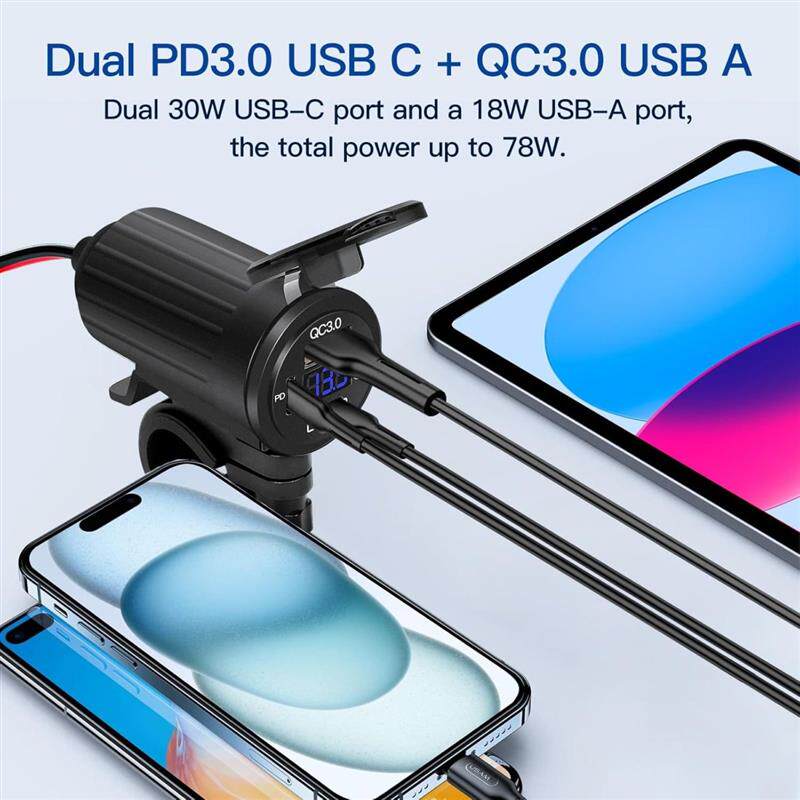 新款双PD+QC车载手机充电器摩托车改装电压表快充usb开关快充