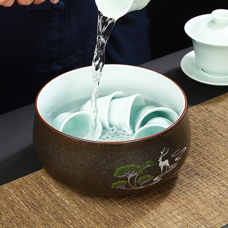 开片汝窑茶洗大号家用陶瓷功夫茶具中式复古茶道配件汝瓷杯洗盆缸