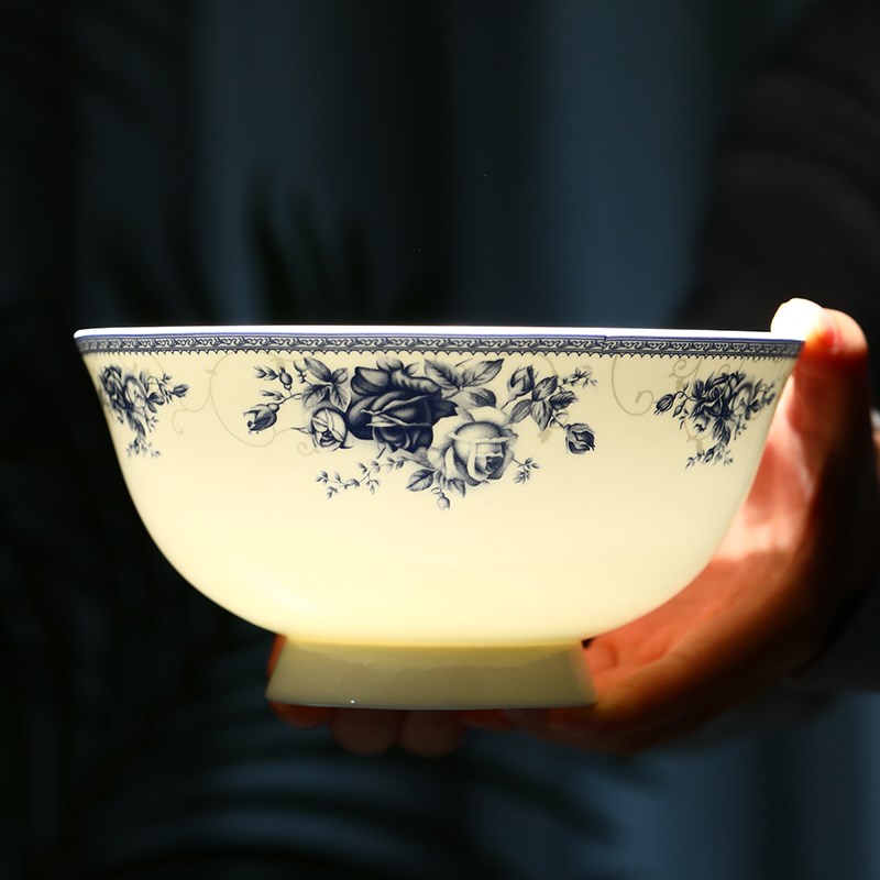 7英寸高脚碗景德镇青花瓷饭碗大号家用米饭碗6寸泡面碗骨瓷釉中彩