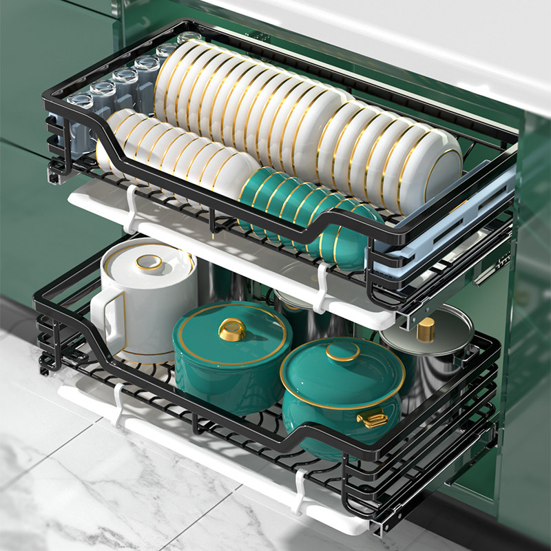 拉篮厨房橱柜双层碗碟柜内碗盘304不锈钢收纳拉蓝碗架抽屉式碗篮