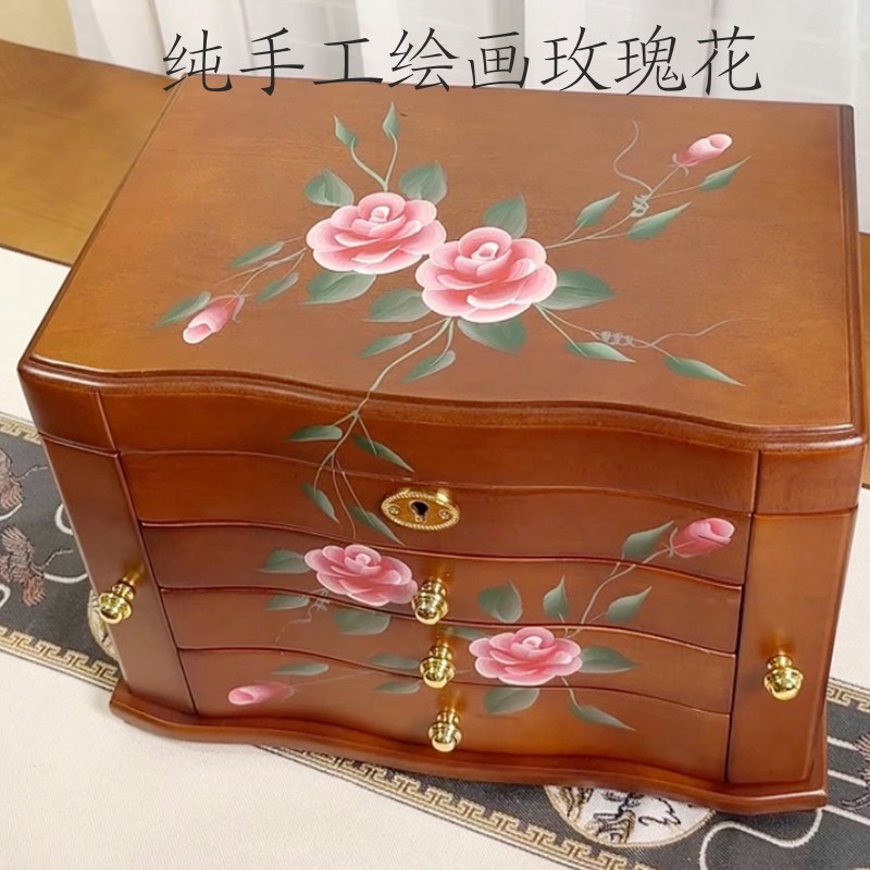 首饰盒大容量覆古高档手饰盒实木全锁耳钉耳环项炼饰品收纳盒精致