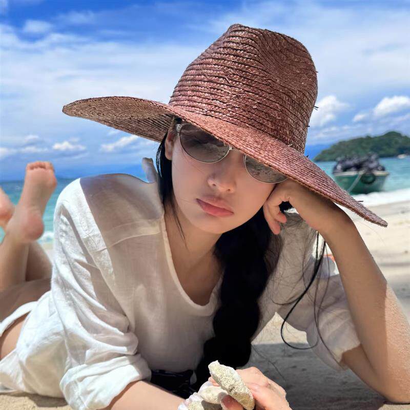 法式英伦复古咖色大檐细致麦秆草爵士帽沙滩旅游防晒草帽子男女夏