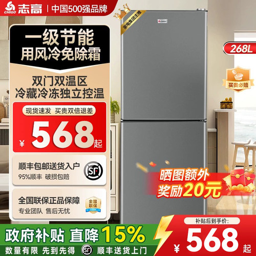 志高一级能效小冰箱家用省电小型宿舍租房用办公室双门迷你电冰箱