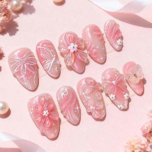 30片跨境杏仁粉色3d立体穿戴甲蝴蝶结花朵爱心手工点钻美甲甲片