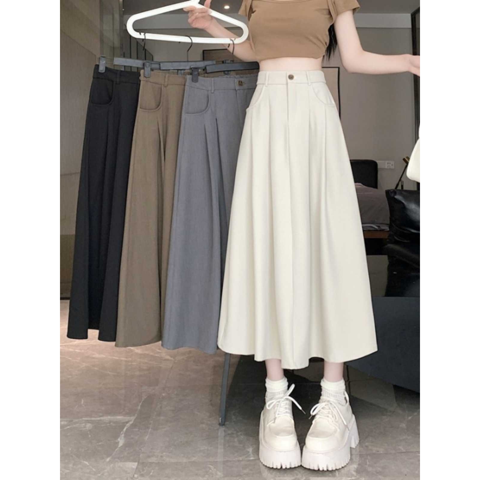 米白色西装面料半身裙女春夏百搭垂感休闲a字裙高腰显瘦中长裙子