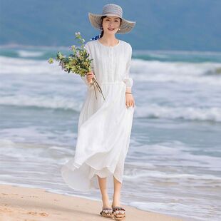 高级感海边三亚度假旅游沙滩长裙子 飘逸仙气蕾丝拼接连衣裙女夏季