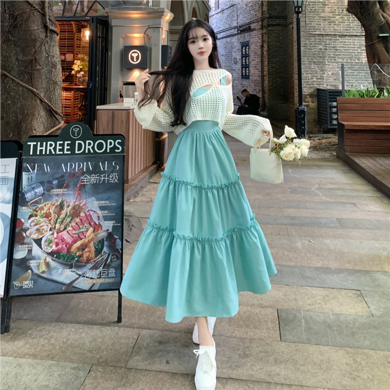 大码女装胖mm度假风镂空罩衫配吊带蛋糕连衣裙春夏遮肚显瘦两件套