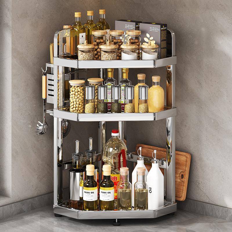 新品不锈钢厨筷房置物架台多面层MS-不锈角墙转三脚调味品收纳架