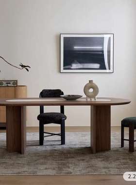 XW法式复古中古风实KUO木椭形计古设师圆家用胡桃色洞石复岩板餐