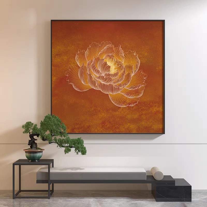 新中式黄色荷花禅意玄关装饰画抽象线条古典卧室客厅壁画方形挂画图片