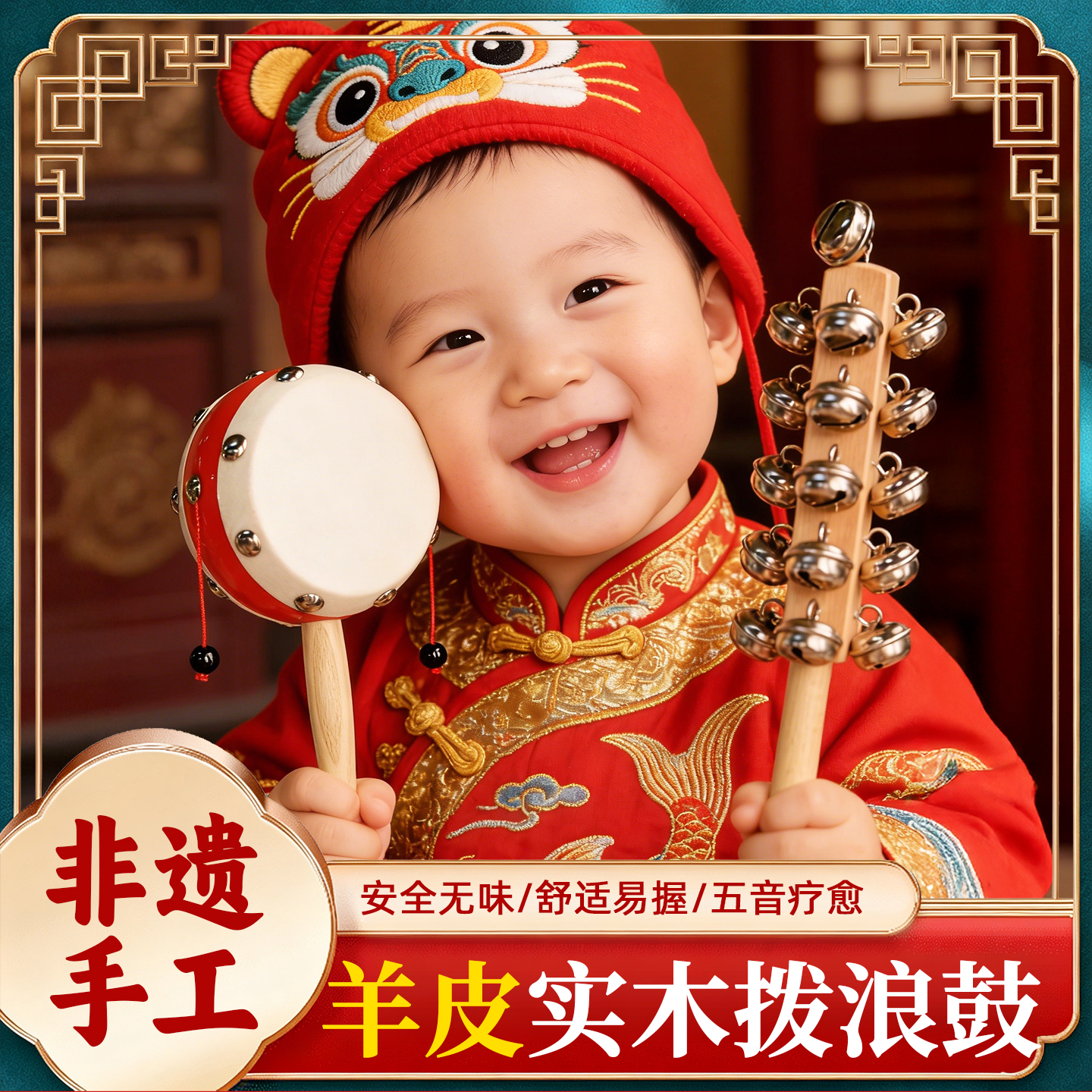 传统拨浪鼓宝宝可啃咬羊皮手摇鼓