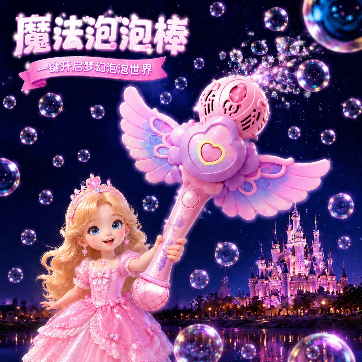 仙女魔法棒儿童手持泡泡机女孩公主灯光充电全自动宝宝吹泡泡玩具