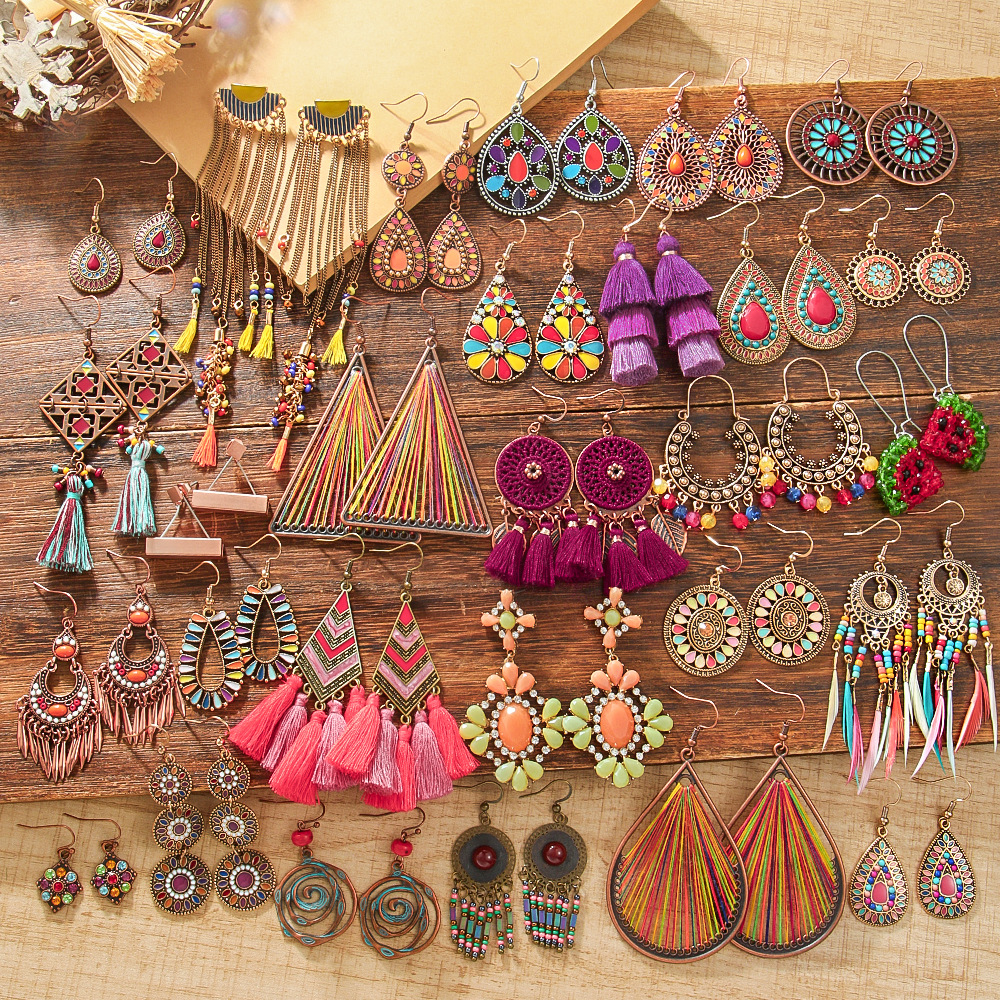 亚马逊热卖波西米亚风耳环套装民族度假风彩色流苏耳高级感饰品