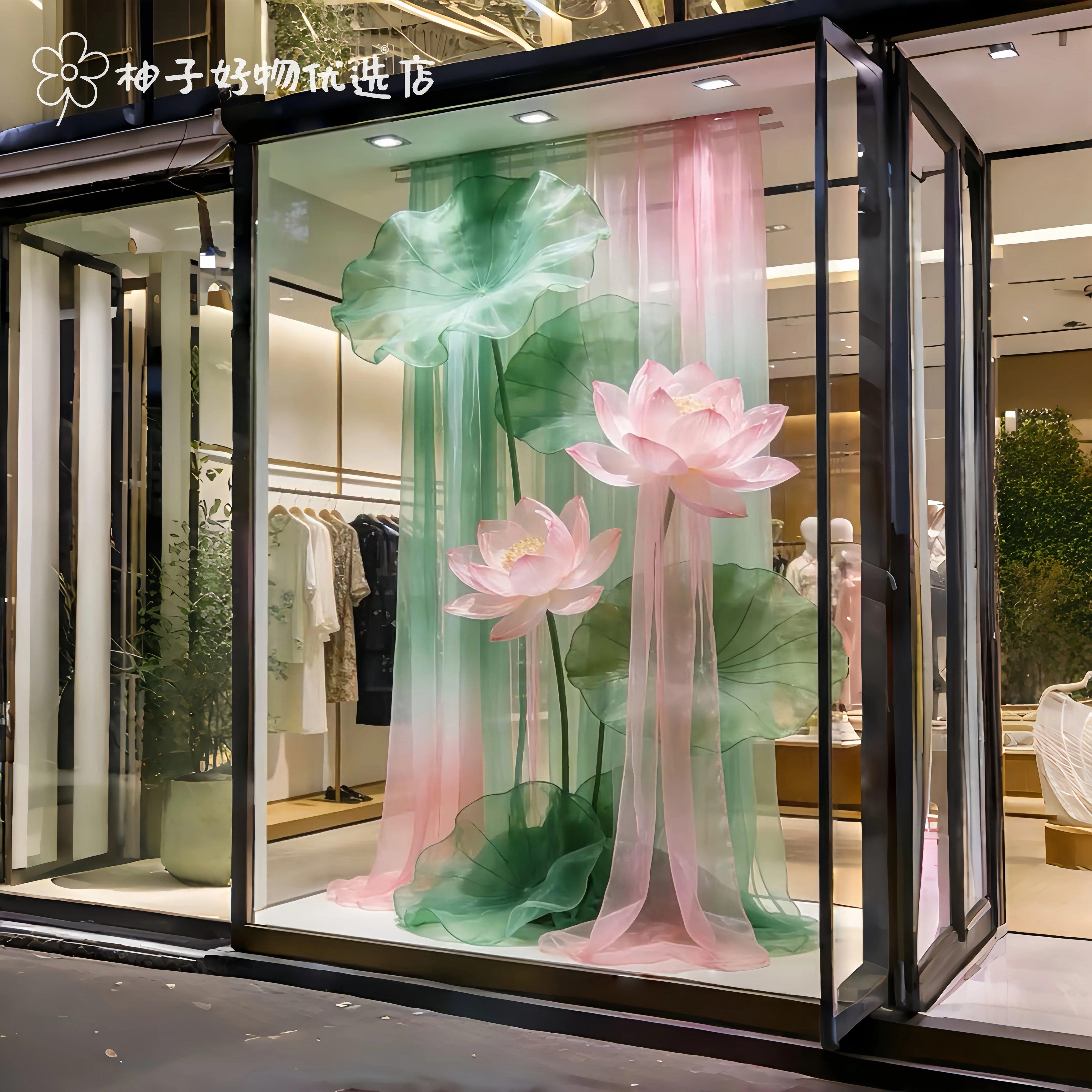 中式网纱荷花纱幔装饰绿色古风婚礼背景布料橱窗景区氛围拍照布置