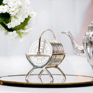 欧式印度进口手工雕花黄铜镀银雕花杯垫茶杯隔热垫奢华套装12片