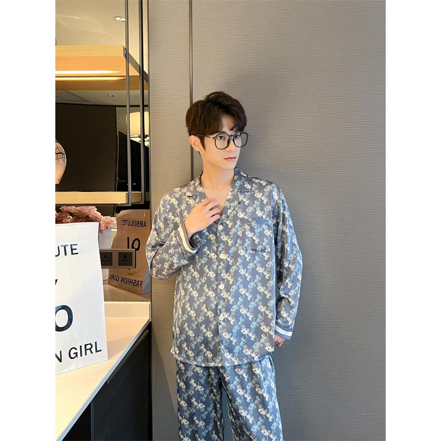 睡衣男士春秋款长袖丝绸冰丝家居服男款高级感轻奢风大尺码丝质套
