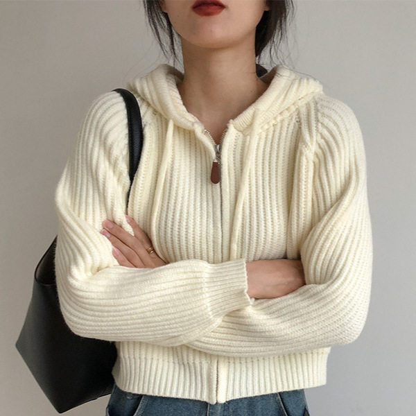 糖果色连帽系带短款宽松加厚拉链针织开衫秋冬甜美软糯外套毛衣女