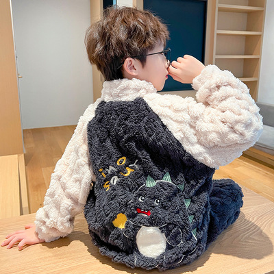 儿童长毛绒睡衣冬季加厚男童中大童女孩珊瑚绒恐龙套装家居服