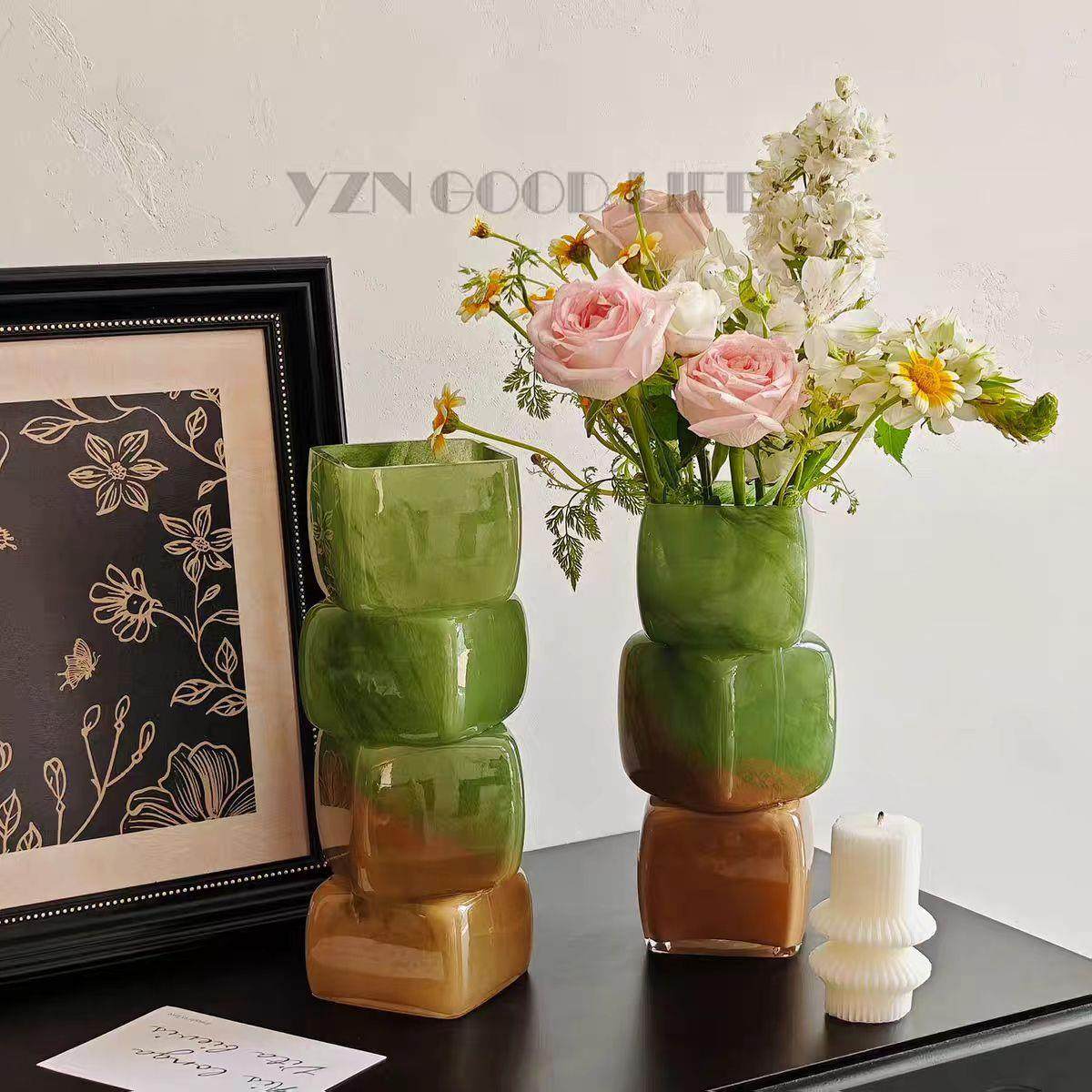 中古风渐变彩色几何方块花瓶餐桌软装酒店电视柜台面装饰玻璃摆件