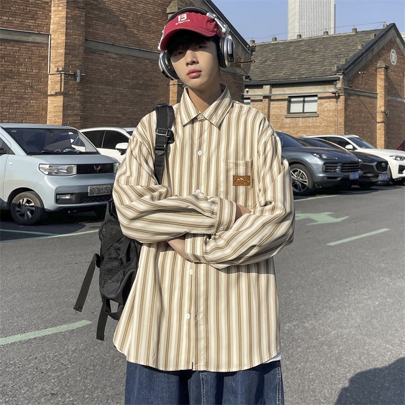 极速日系cityboy条纹翻领衬衫男春季宽松L百搭青少年衬衣潮牌bf风