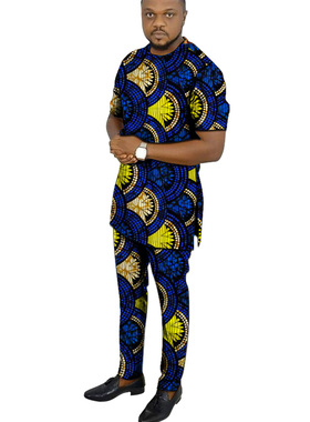 极速African clothing mrens print set short sleeve shirt wit