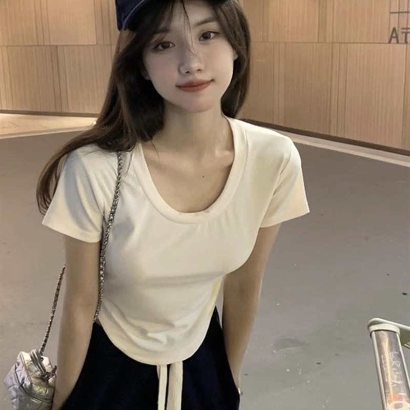 极速2024夏季设计感小众纯欲风甜B辣妹性感u领短袖t恤女不规则短