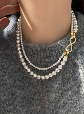 极速新款灰色珍珠秋冬短款毛衣链女项链2023新款爆V款轻奢叠戴双