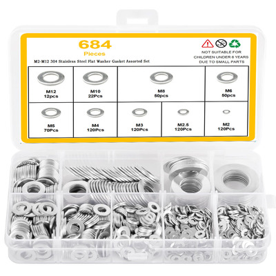 580pcs/684pcs/225pcs/230pcs非标平垫圈套装304不锈钢平垫垫片圈