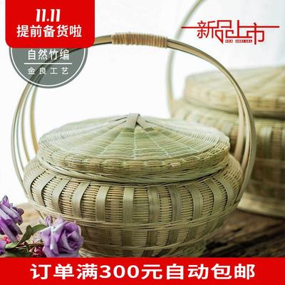 竹篮手提篮带盖子手工编织竹筐拜神提手篮外出提篮有盖喜庆竹编筐