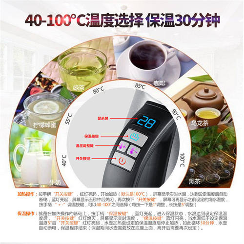 冲泡功夫茶细长嘴电热水壶1.0L鹅颈手冲咖啡壶智能调温恒温烧水壶