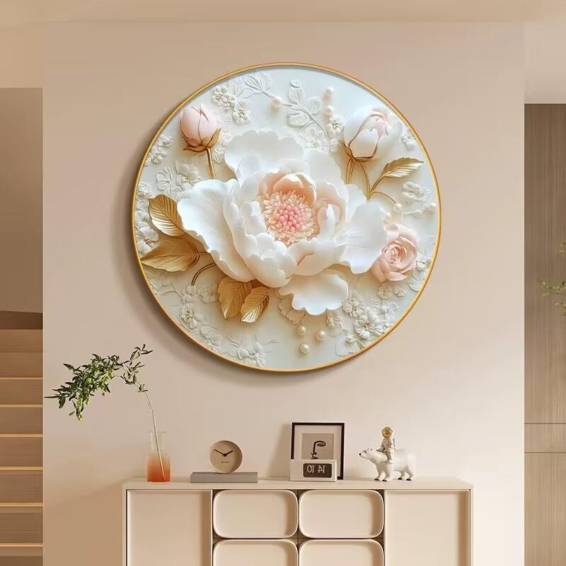 牡丹花圆形挂画奶油风客厅装饰画高级感玄关画花开富贵卧室床头画图片